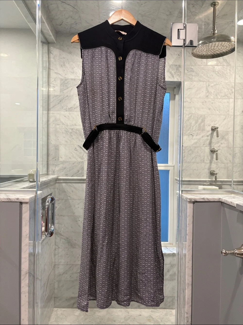 Tory Burch Sleeveless Midi Dress with Navy Trim and Gold Buttons - Size 12